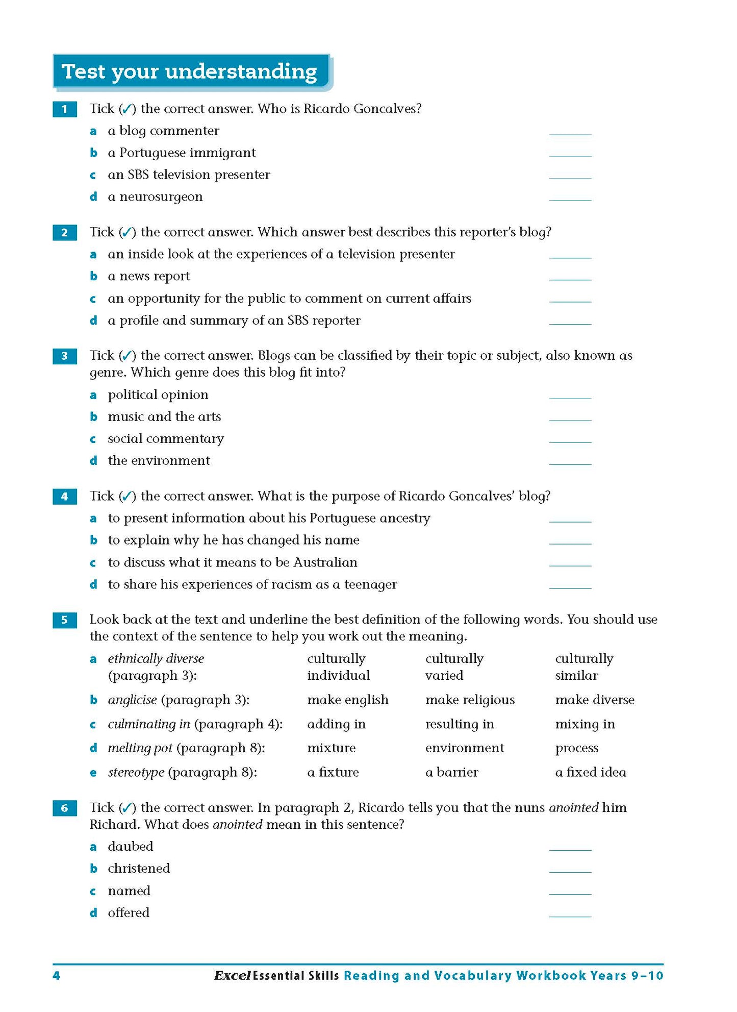 Excel Essential Skills - Reading and Vocabulary Workbook Years 9-10