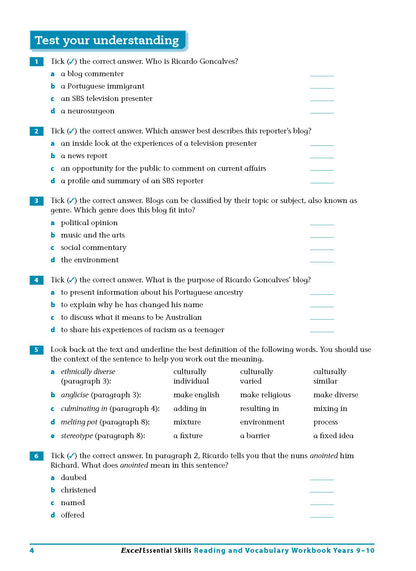 Excel Essential Skills - Reading and Vocabulary Workbook Years 9-10