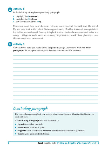 Excel Essential Skills - Writing & Spelling Workbook Years 7-8