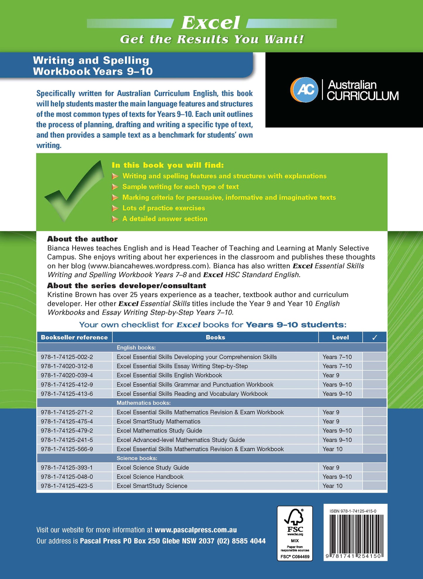 Excel Essential Skills - Writing & Spelling Workbook Years 9-10