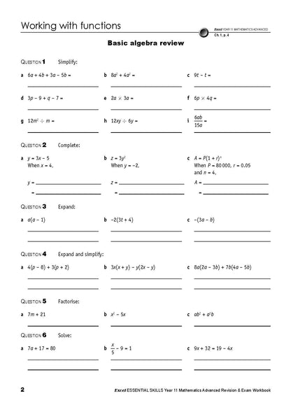 Excel Essential Skills HSC Year 11 Mathematics Advanced Revision & Exam Workbook