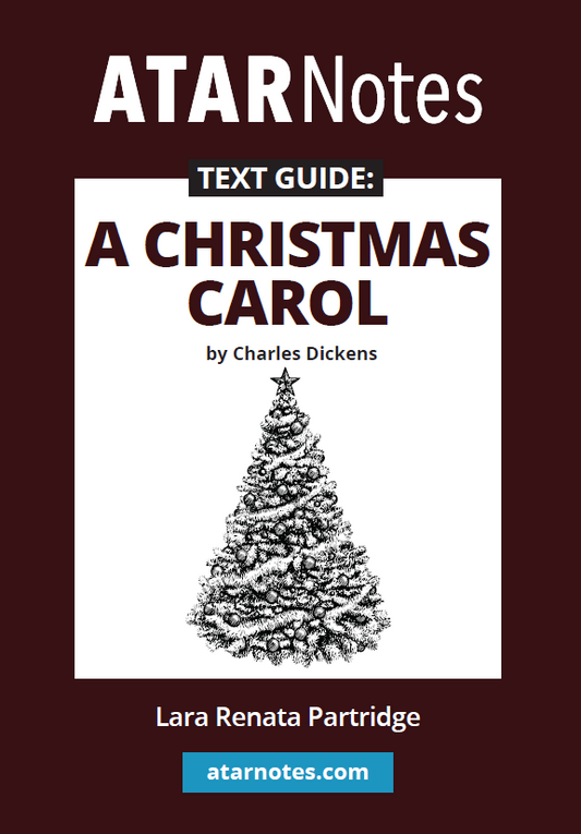 Text Guide: A Christmas Carol by Charles Dickens from ATARNotes, with a Christmas tree illustration on its white cover against a maroon background.