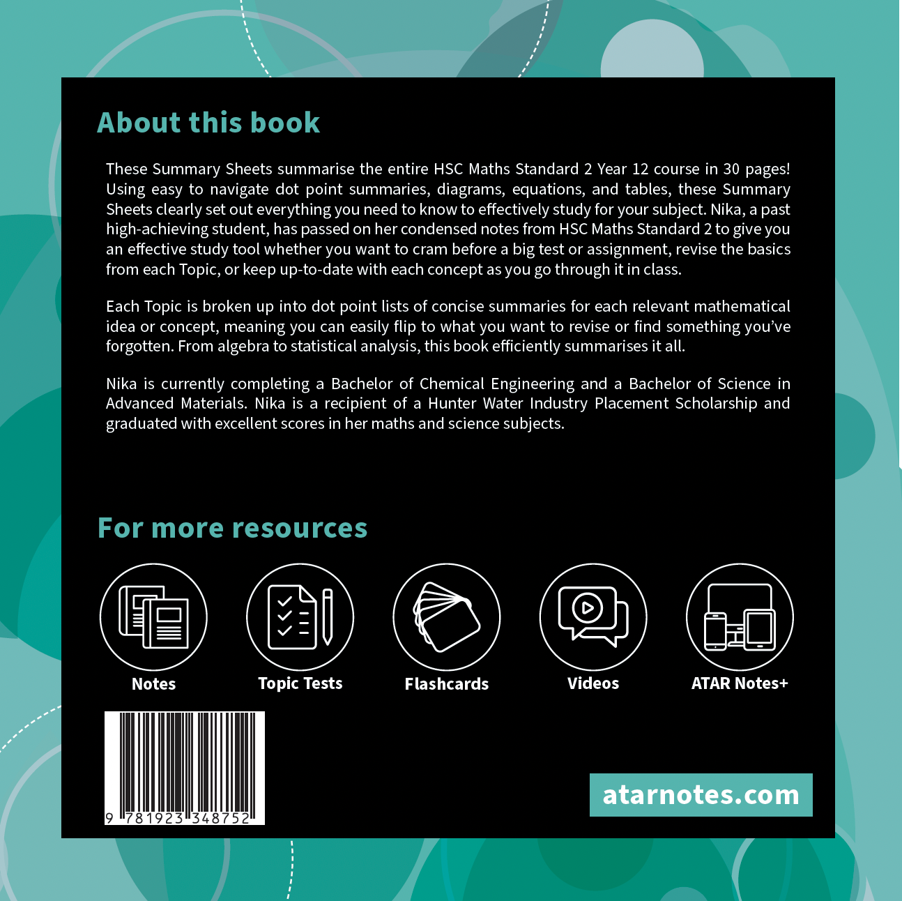 Black and teal summary sheets by ATAR Notes, featuring abstract waves, icons for study resources, and a barcode on the front cover.