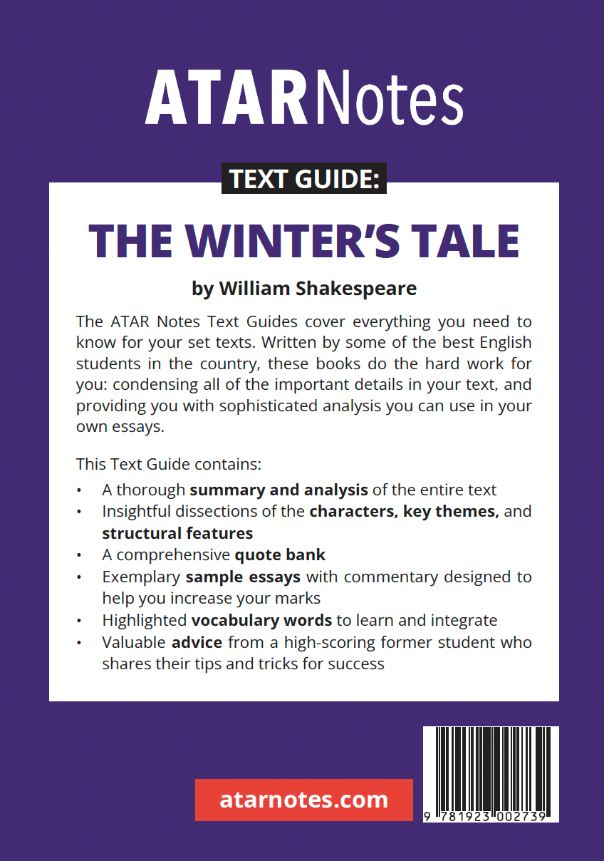 Purple and white Text Guide by ATAR Notes, displaying "The Winter's Tale by William Shakespeare" title, contents, and a barcode.