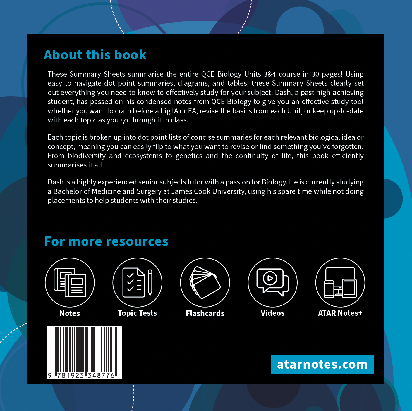 QCE Biology Summary Sheets by ATAR Notes, displaying content description, resource icons, and a barcode on a dark blue background.