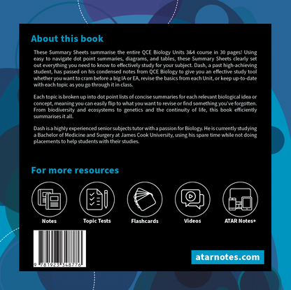 QCE Biology Summary Sheets by ATAR Notes, displaying content description, resource icons, and a barcode on a dark blue background.