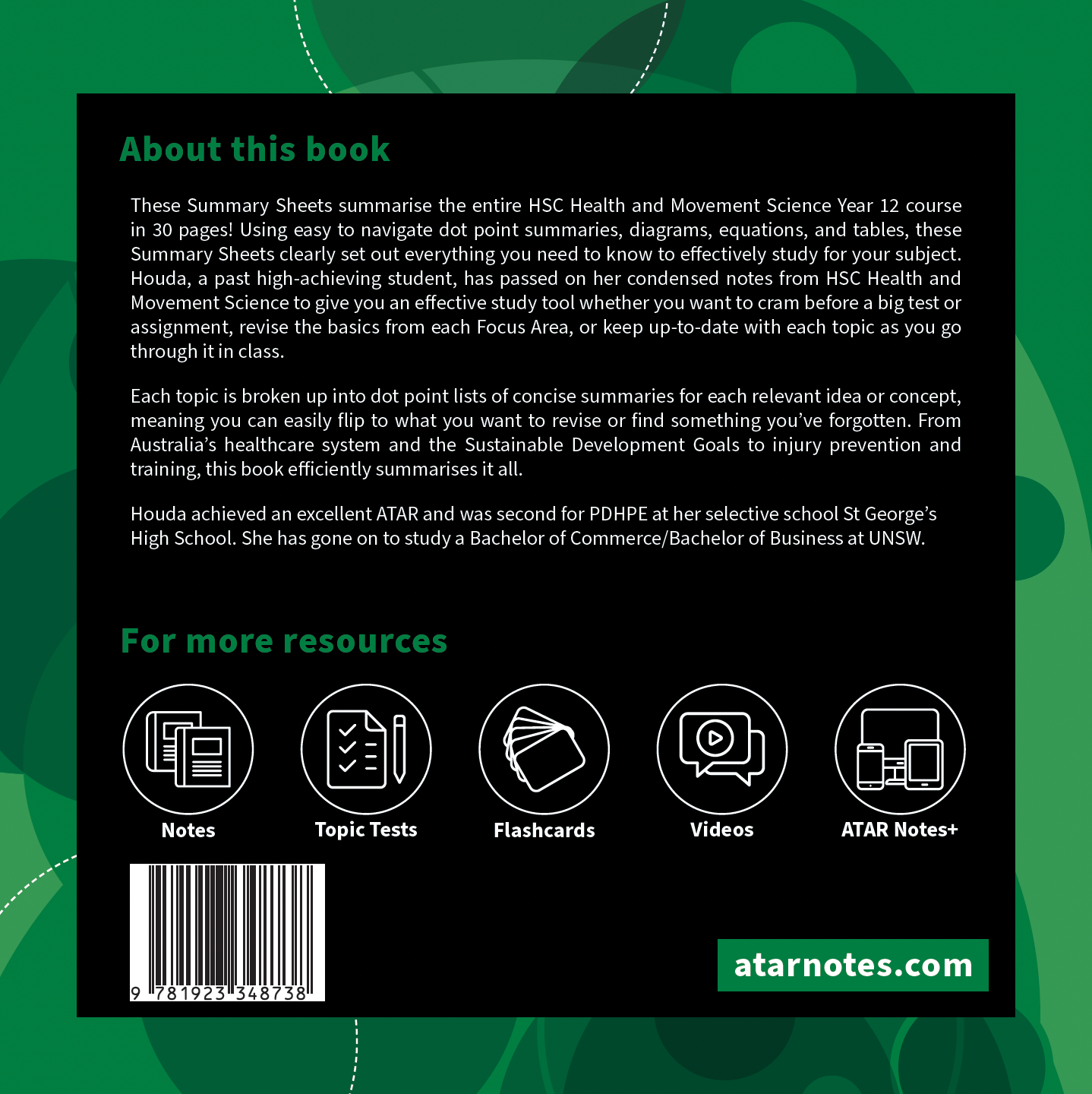 HSC Year 12 Health and Movement Science Summary Sheets by ATAR Notes, with book details, resource icons, barcode, and website on a dark green back cover.