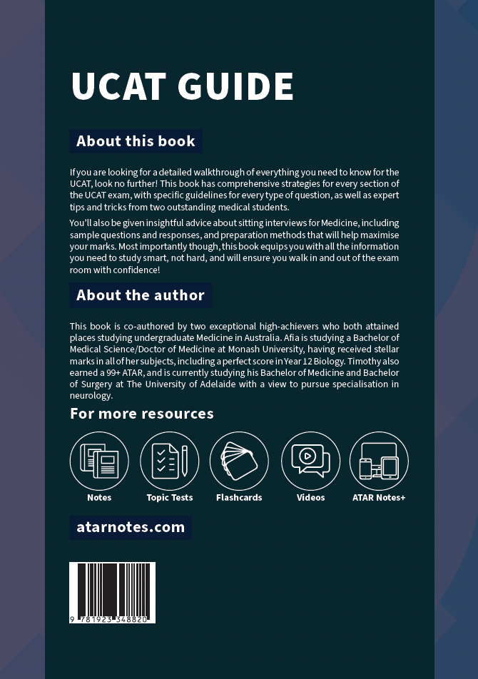 UCAT Guide book with dark blue cover featuring white text, author/book descriptions, resource icons, and a barcode.