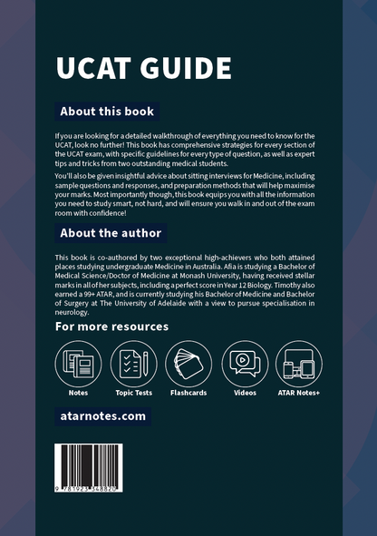 UCAT Guide book with dark blue cover featuring white text, author/book descriptions, resource icons, and a barcode.
