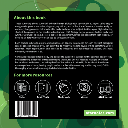 HSC Year 12 Biology Summary Sheets by ATAR Notes, displaying descriptive text, resource icons, a barcode, and a website address.