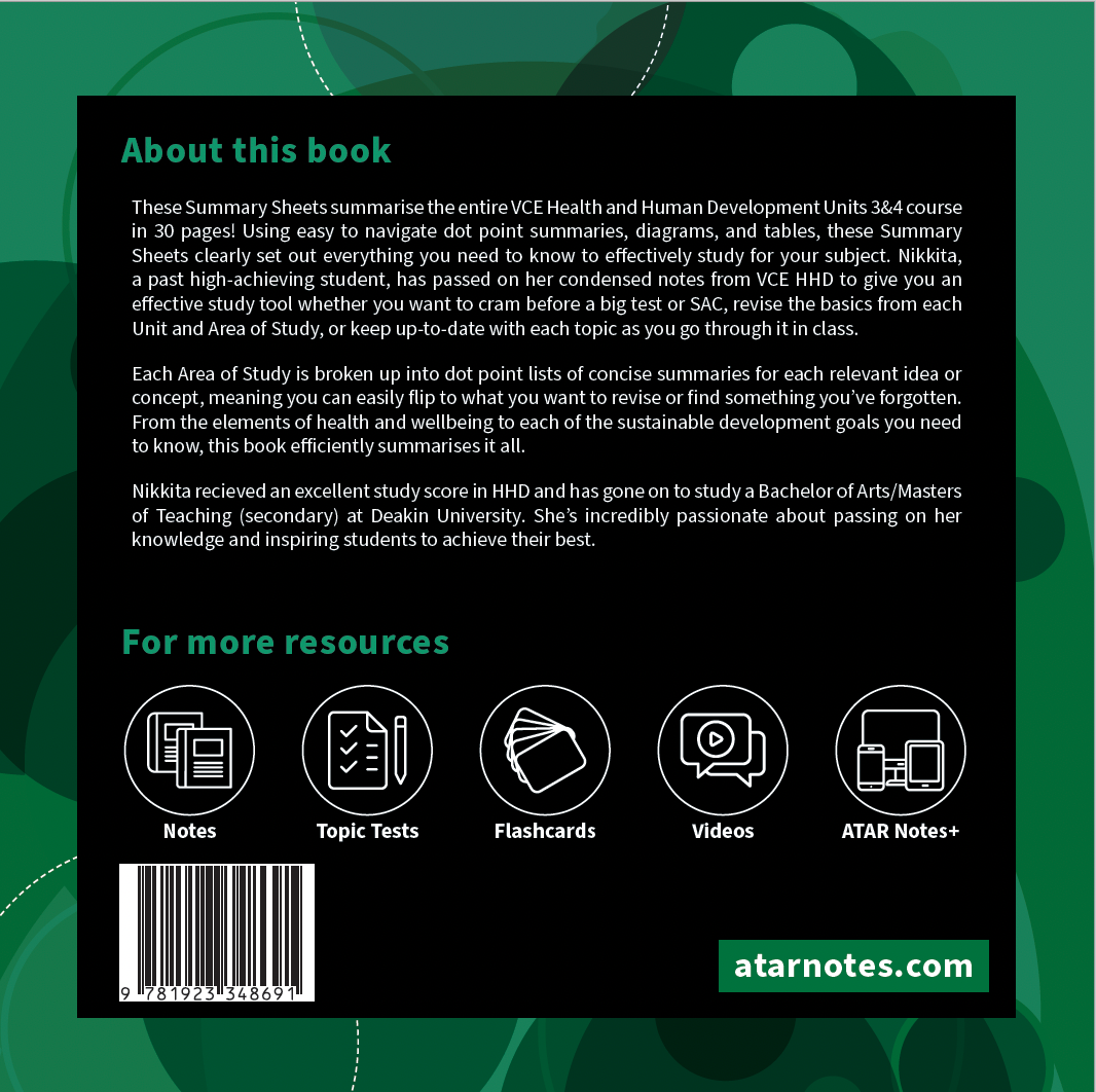 Dark green summary sheets cover by ATAR Notes, featuring descriptive text, a barcode, and various study resource icons.