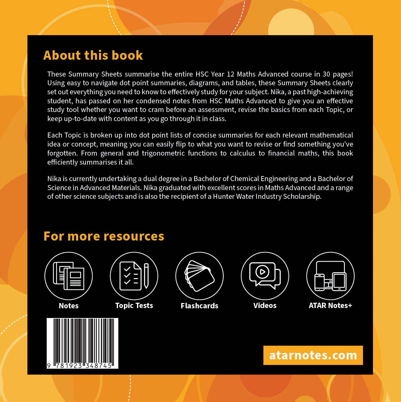 HSC Year 12 Mathematics Advanced Summary Sheets by ATAR Notes, featuring descriptive text, resource icons, and a barcode on a dark, patterned background.