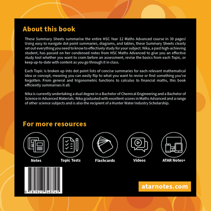HSC Year 12 Mathematics Advanced Summary Sheets by ATAR Notes, featuring descriptive text, resource icons, and a barcode on a dark, patterned background.