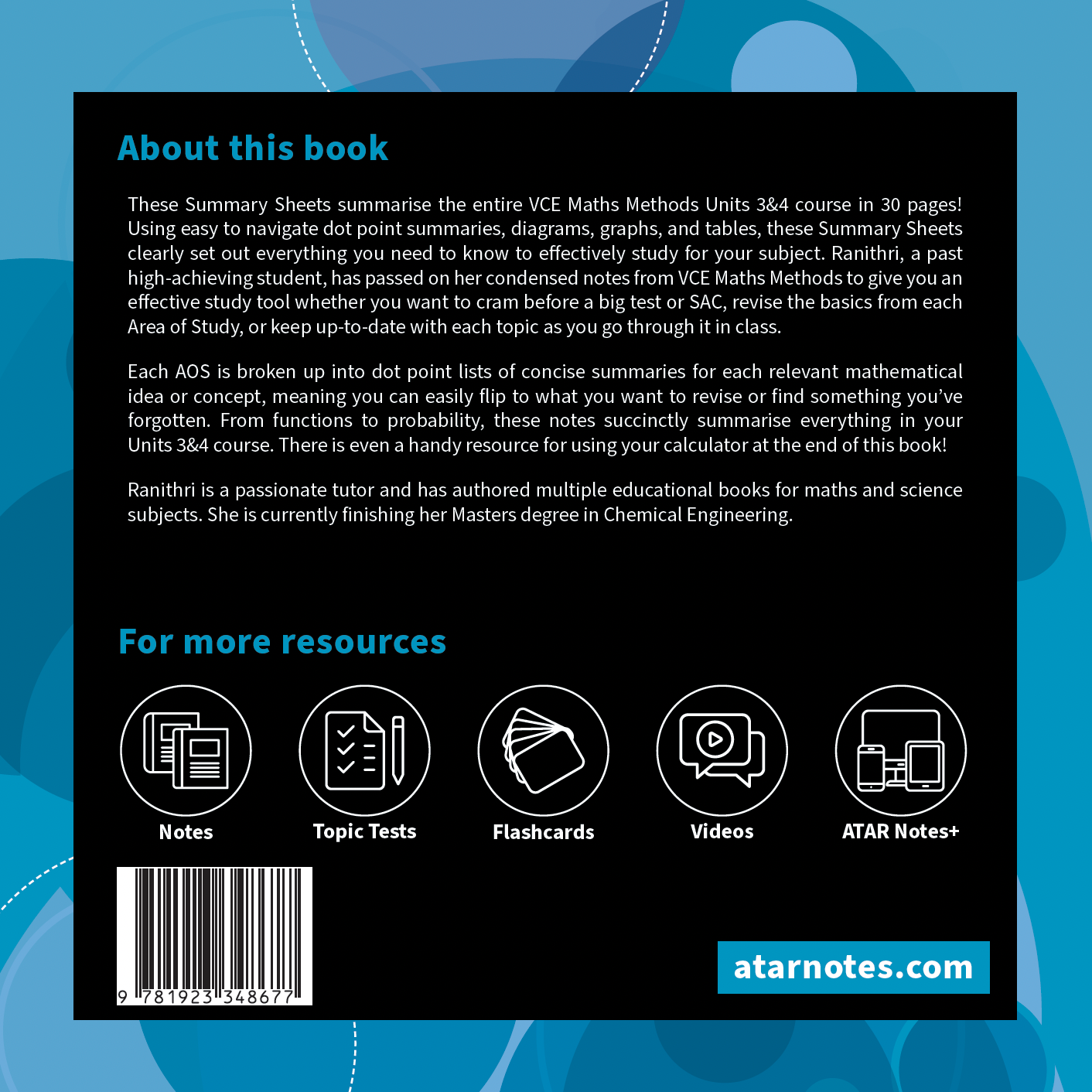 VCE Maths Methods 3&4 Summary Sheets (2025-2027) by ATAR Notes, featuring a detailed product description, author information, and icons for supplementary resources on a dark background.