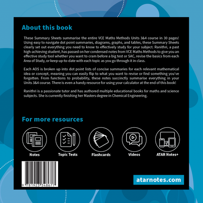 VCE Maths Methods 3&4 Summary Sheets (2025-2027) by ATAR Notes, featuring a detailed product description, author information, and icons for supplementary resources on a dark background.