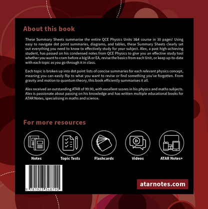 QCE Physics 3&4 Summary Sheets by ATAR Notes, a black and red promotional graphic with white text and resource icons.
