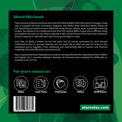 VCE General Maths 3&4 Summary Sheets by ATAR Notes, displayed as an info page with white text, resource icons, and a barcode on a black and green background.