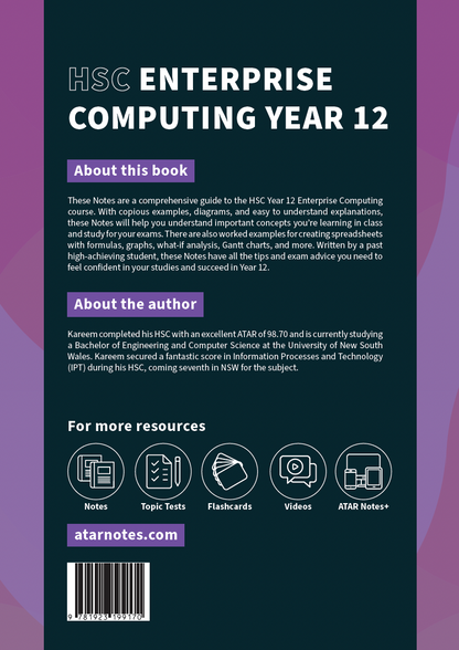 HSC Year 12 Enterprise Computing Course Notes by ATAR Notes, with a dark teal cover, white title, and purple information sections.