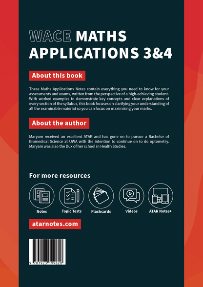 WACE Maths Applications 3&4 Course Notes by ATAR Notes, dark teal and red cover with white text and educational icons, featuring a barcode.