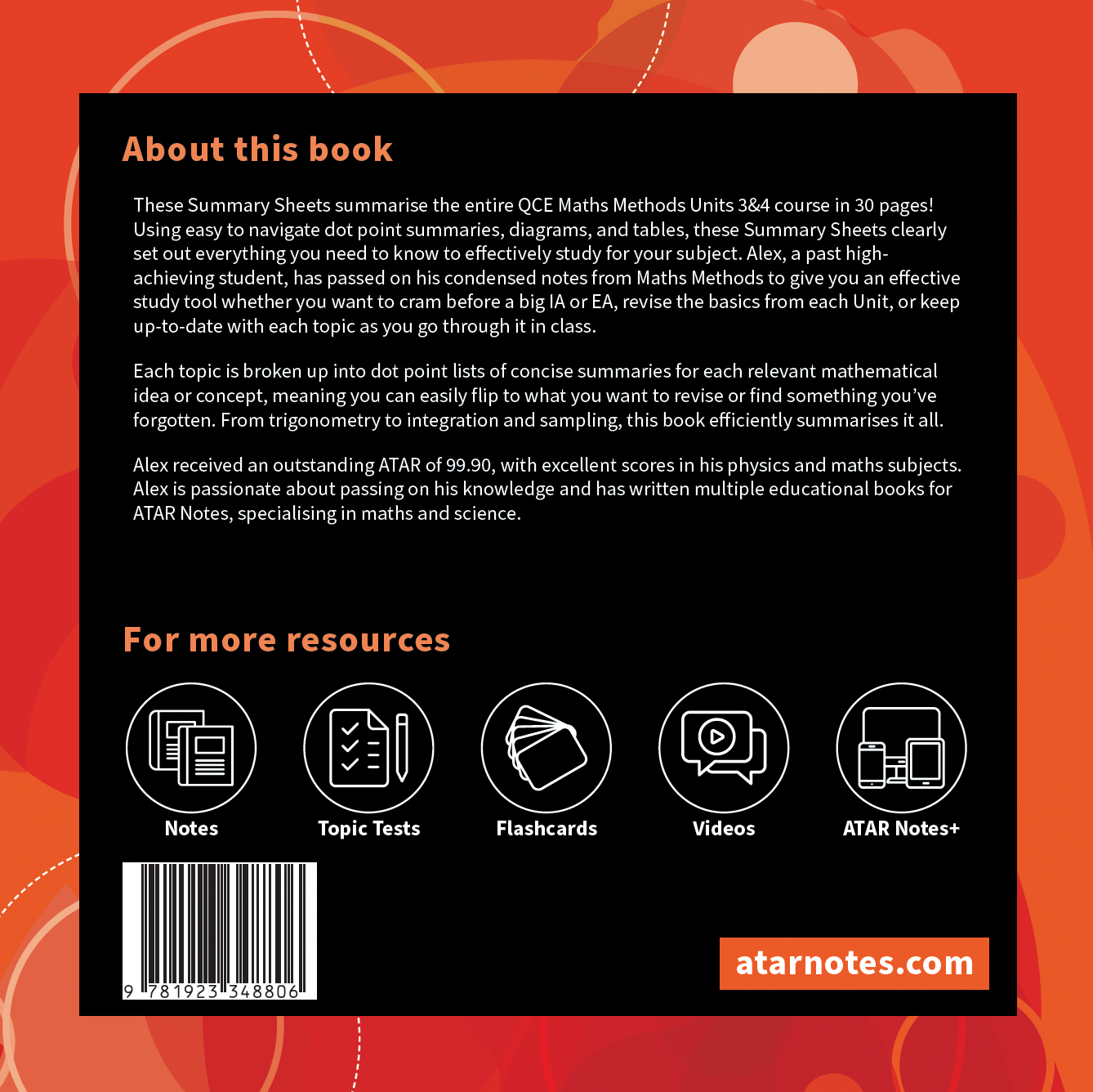QCE Maths Methods 3&4 Summary Sheets by ATAR Notes, black back cover detailing content, resource icons, barcode, and website.