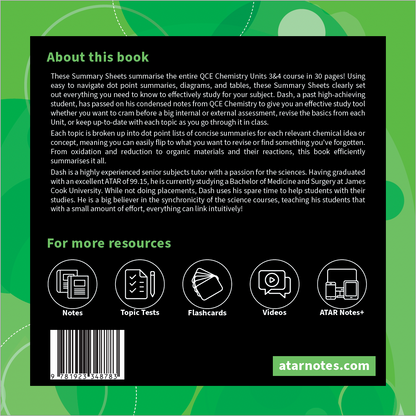 QCE Chemistry Summary Sheets by ATAR Notes, featuring a dark cover with green abstract patterns and resource icons.