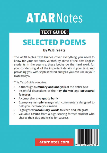 Text Guide for 'Selected Poems by W.B. Yeats' by ATAR Notes, featuring a white central panel, red website banner, and barcode on a blue background.