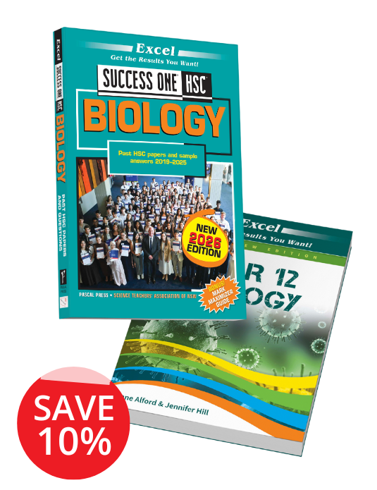 HSC Year 12 Biology book pack by Excel featuring a turquoise past papers book, a textbook with virus images, and a red 'SAVE 10%' sticker.