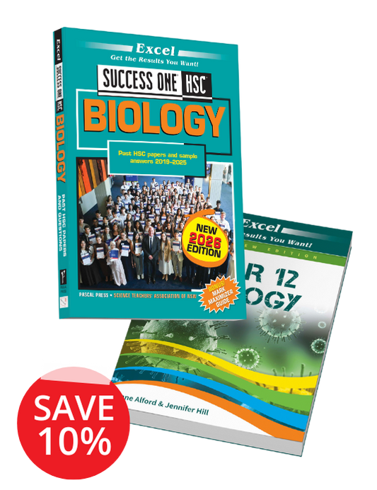 HSC Year 12 Biology book pack by Excel featuring a turquoise past papers book, a textbook with virus images, and a red 'SAVE 10%' sticker.