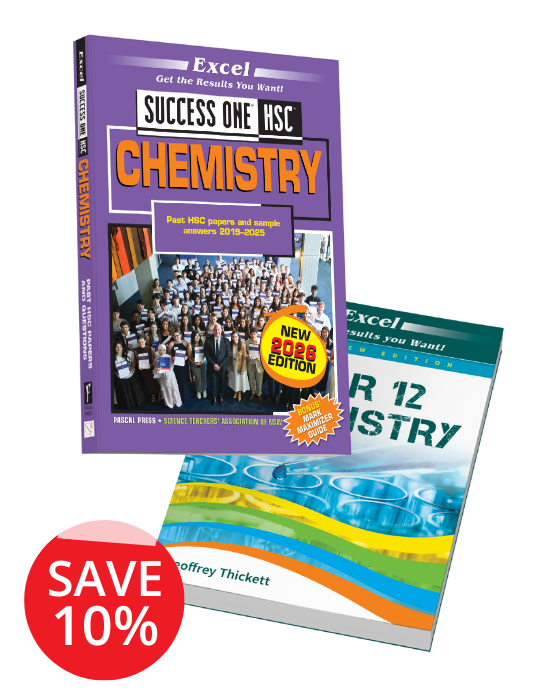 HSC Year 12 Chemistry book pack by Excel, including a purple Success One 2026 Edition and a white textbook, with a 'SAVE 10%' sticker.
