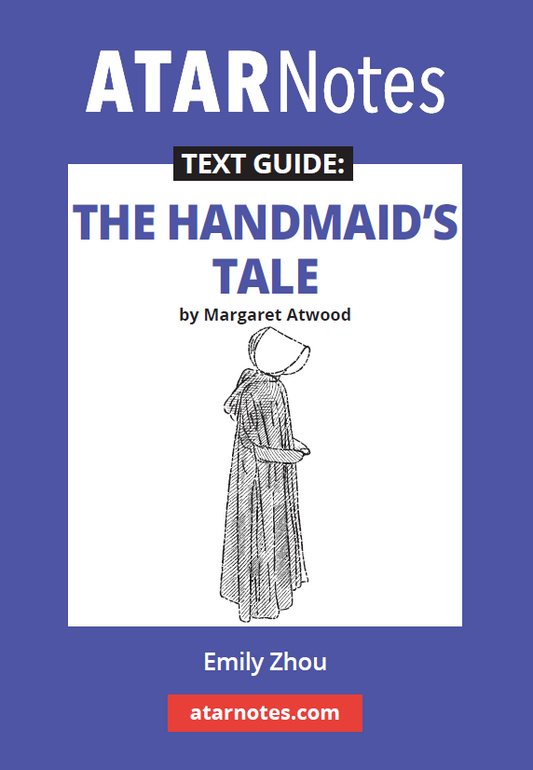 Text guide by ATARNotes for 'The Handmaid's Tale' by Margaret Atwood, featuring a sketch of a Handmaid on a purple and white cover.