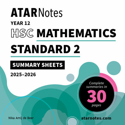 HSC Year 12 Mathematics Standard 2 Summary Sheets by ATAR Notes for 2025-2026, white cover with teal and pink abstract shapes, noting 30 pages.