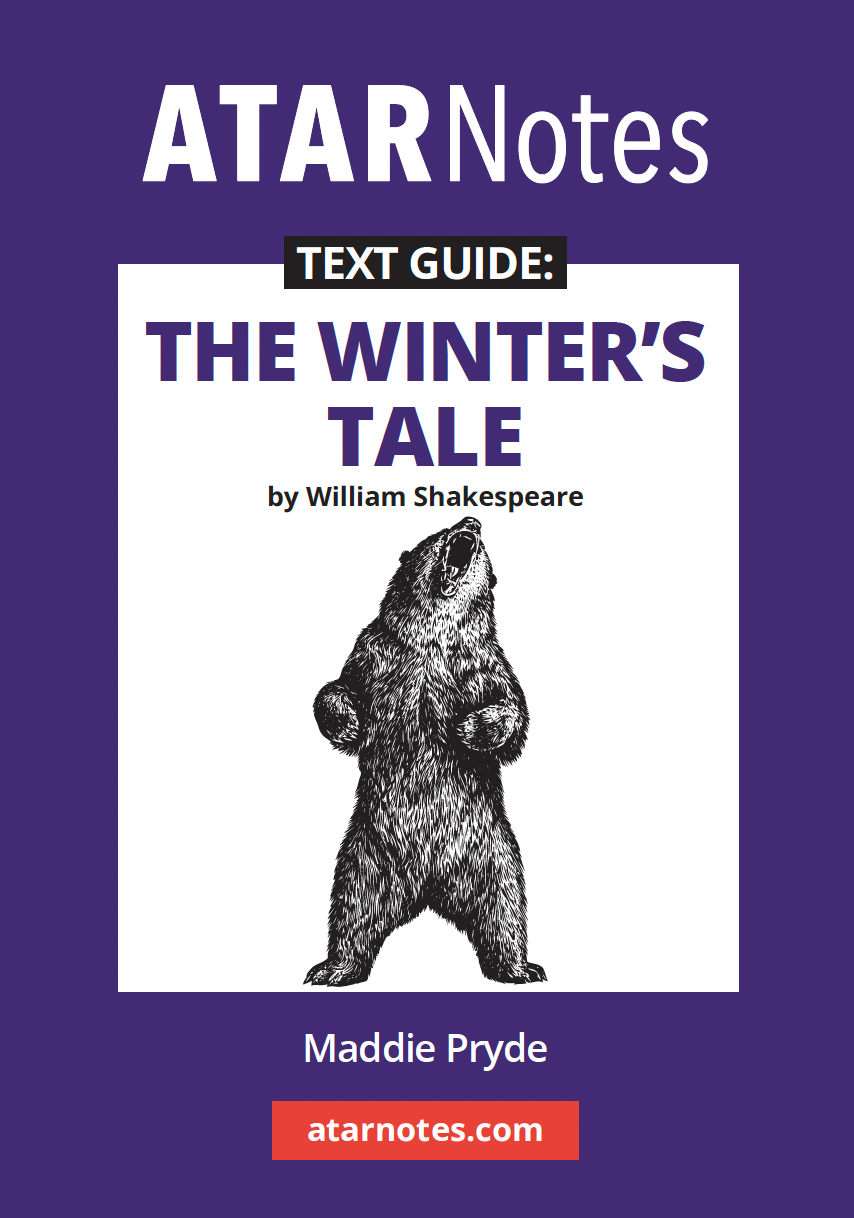 Purple and white text guide for William Shakespeare's The Winter's Tale by ATAR Notes, featuring a roaring bear illustration and author Maddie Pryde.