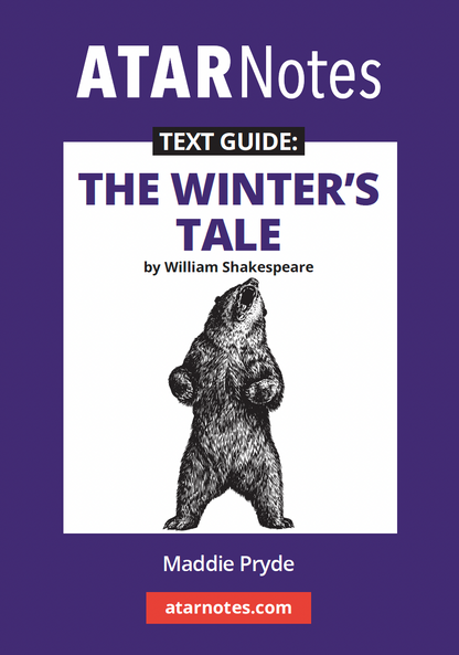 Purple and white text guide for William Shakespeare's The Winter's Tale by ATAR Notes, featuring a roaring bear illustration and author Maddie Pryde.