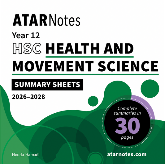 HSC Health and Movement Science Summary Sheets by ATARNotes for Year 12 (2026-2028), on a white cover with green and purple abstract shapes, noting '30 pages'.