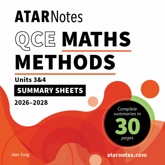 QCE Maths Methods 3&4 Summary Sheets (2026-2028) by ATARNotes, with a white cover, black text, orange lines, abstract red shapes, and a green circle indicating 30 pages.