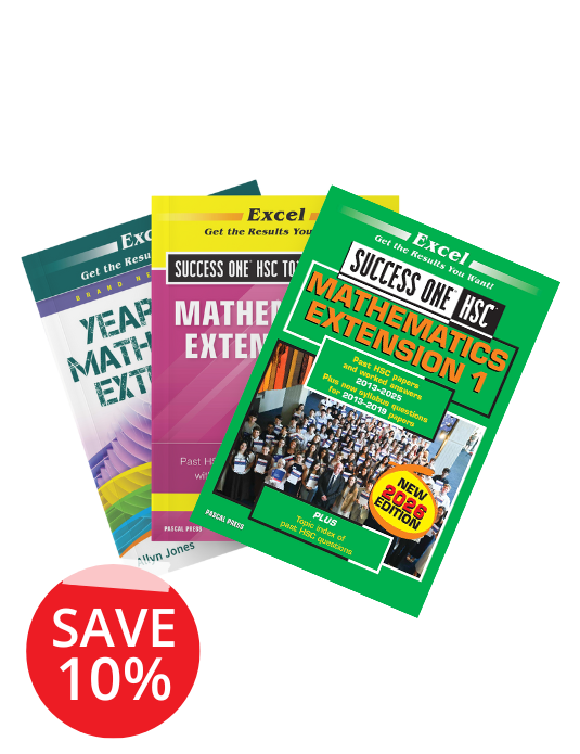 A bundle of three HSC Year 12 Maths Extension 1 study books by Excel, with a new 2023 edition, green, pink, and teal covers, and a red "SAVE 10%" sticker.