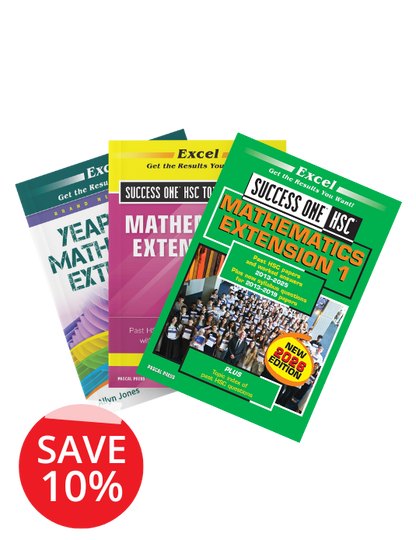 A bundle of three HSC Year 12 Maths Extension 1 study books by Excel, with a new 2023 edition, green, pink, and teal covers, and a red "SAVE 10%" sticker.