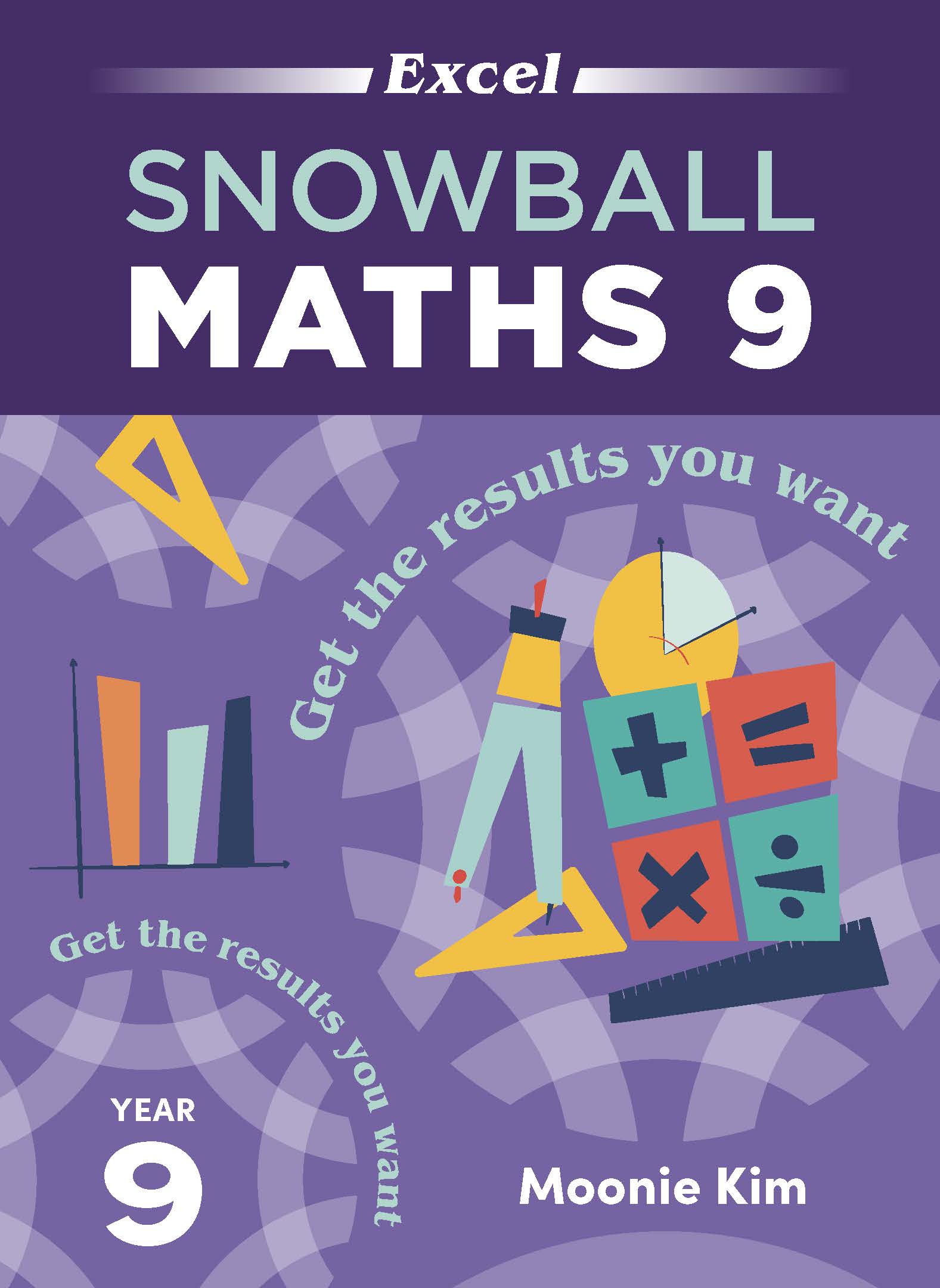 Year 9 Snowball Maths Workbook by Excel with a purple cover featuring vibrant math illustrations of charts, tools, and operation symbols.