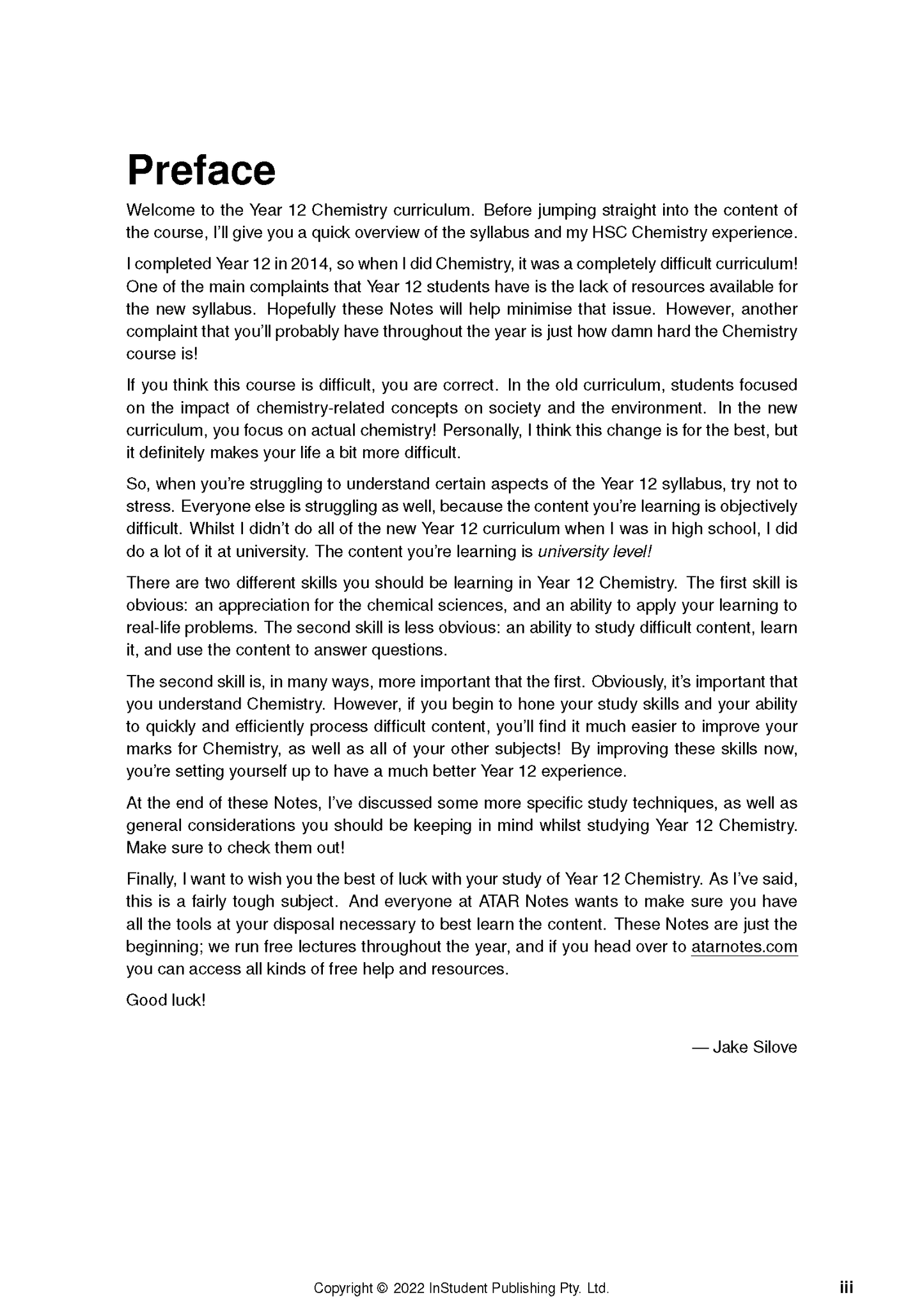 Chemistry course notes by ATAR Notes, showing a page with "Preface" title, black text, and a signature.
