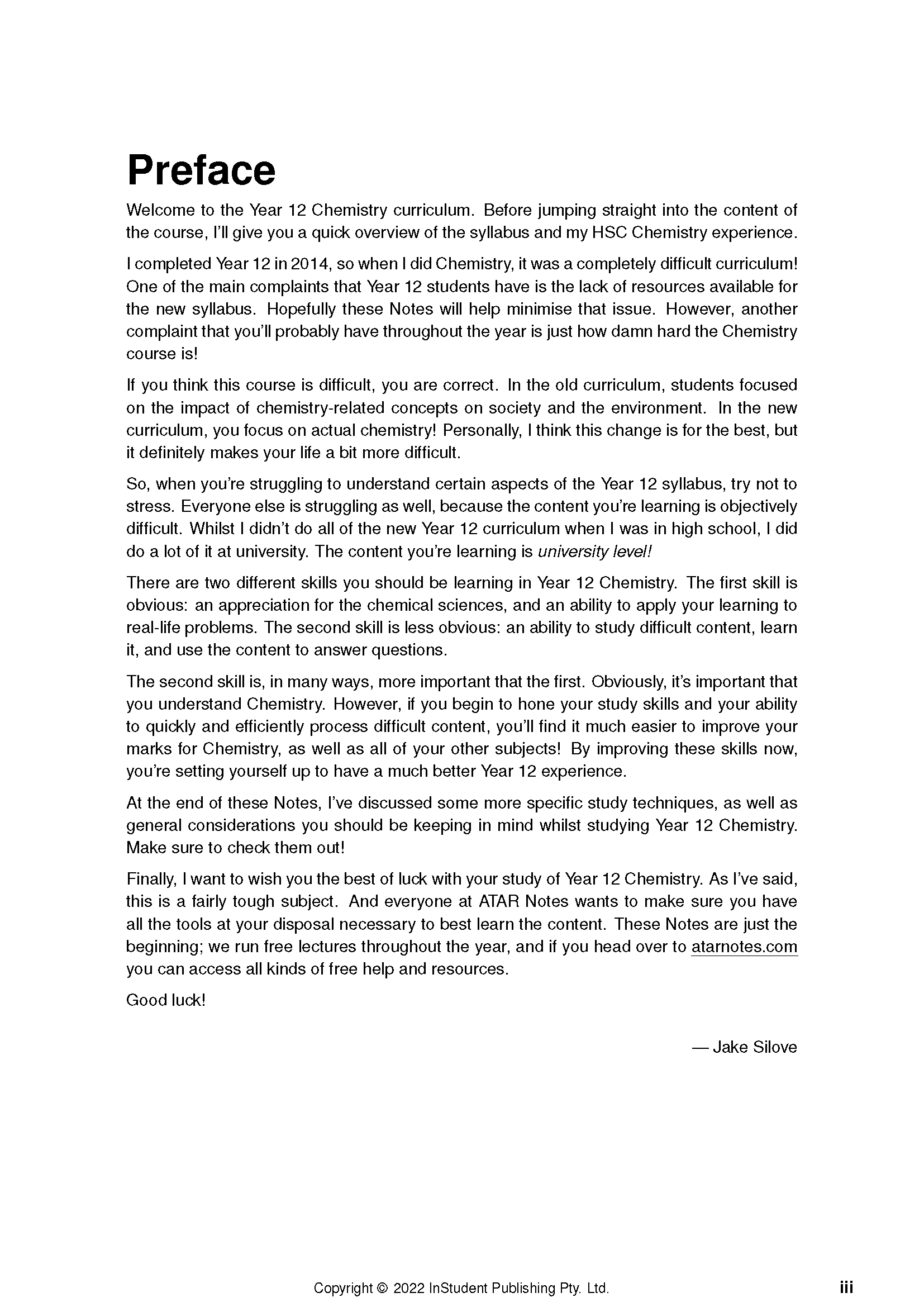 Chemistry course notes by ATAR Notes, showing a page with "Preface" title, black text, and a signature.