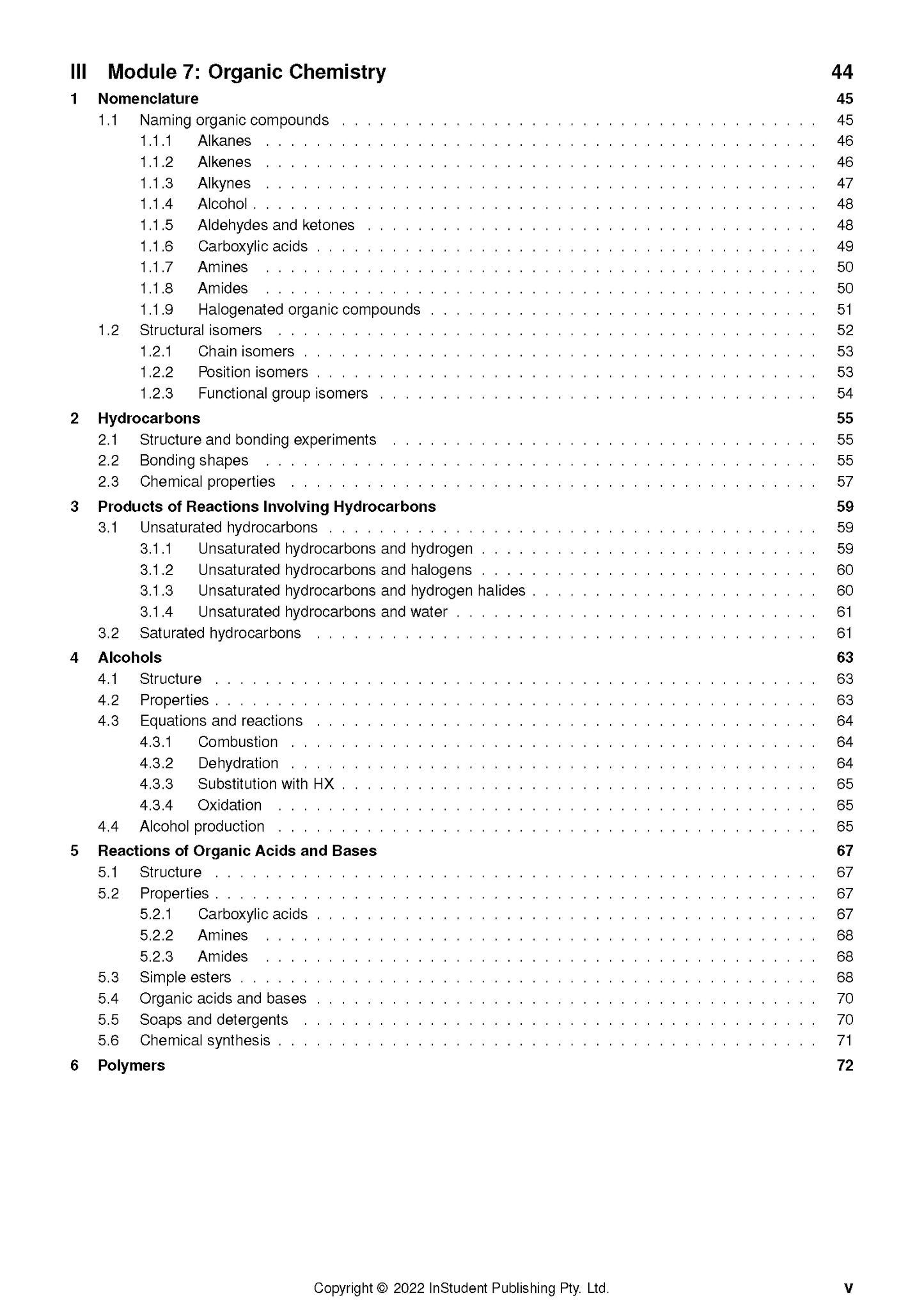 Chemistry Course Notes by ATAR Notes, displaying a table of contents for Organic Chemistry modules with page numbers.