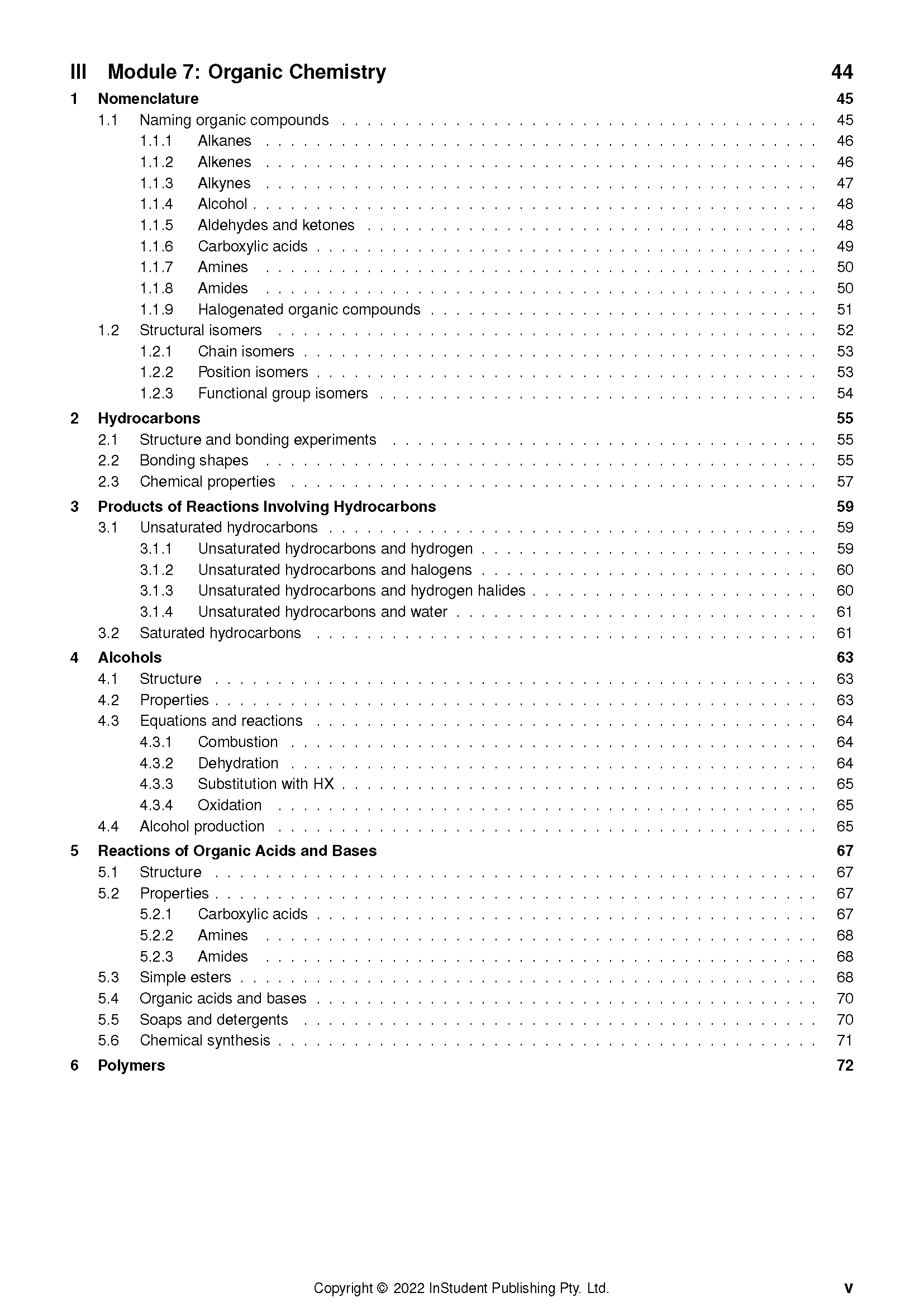 Chemistry Course Notes by ATAR Notes, displaying a table of contents for Organic Chemistry modules with page numbers.
