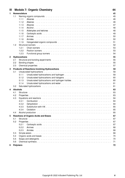 Chemistry Course Notes by ATAR Notes, displaying a table of contents for Organic Chemistry modules with page numbers.