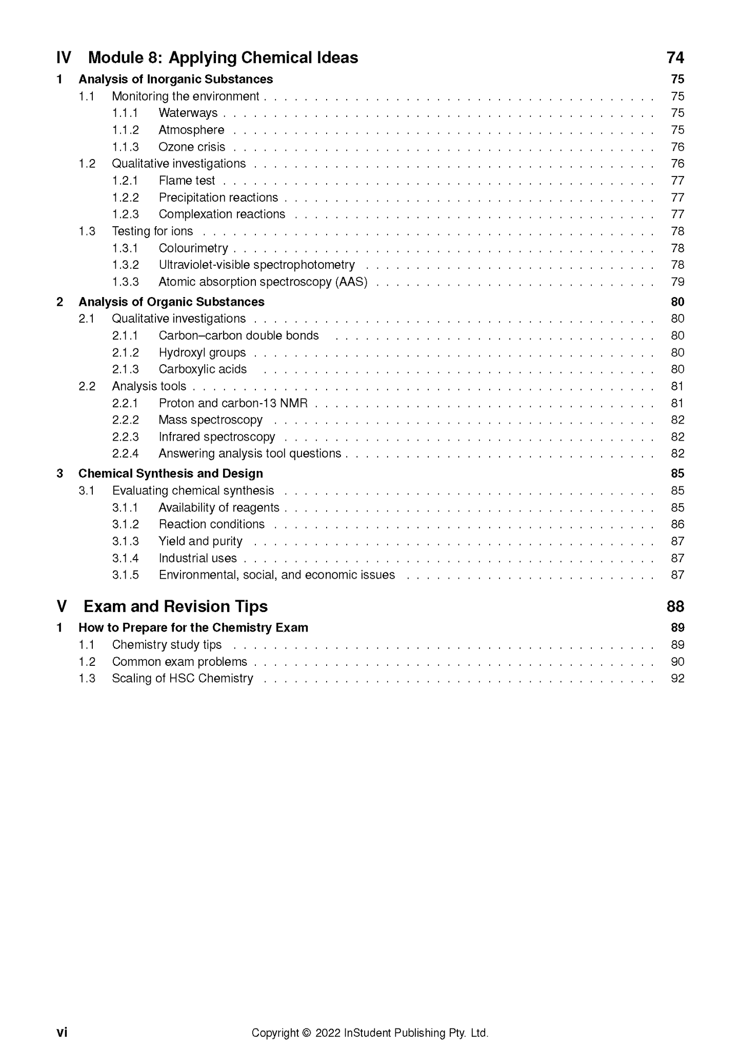 HSC Year 12 Chemistry Complete Course Notes by ATAR Notes, showing a detailed table of contents with topics and page numbers.