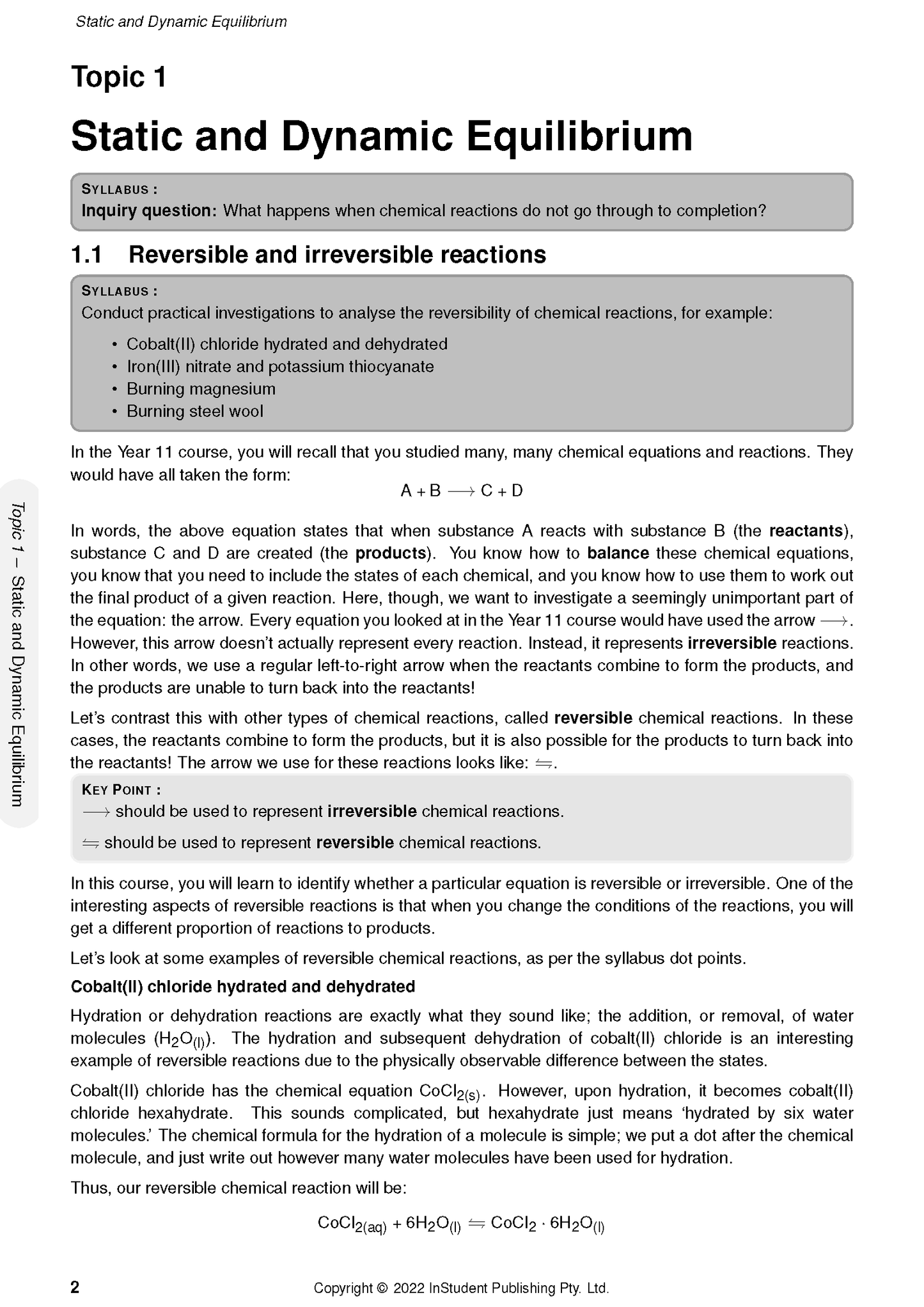 Chemistry Course Notes by ATAR Notes showing a page on Static and Dynamic Equilibrium with text and equations.