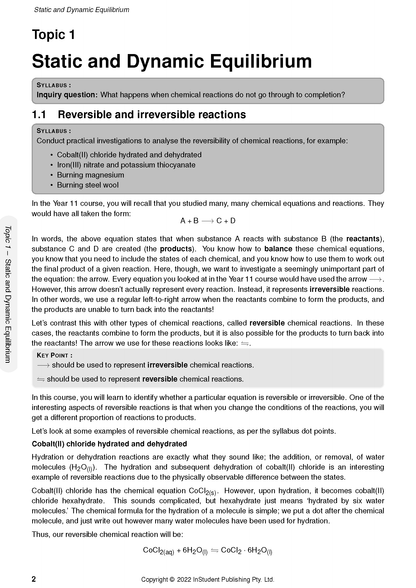 Chemistry Course Notes by ATAR Notes showing a page on Static and Dynamic Equilibrium with text and equations.