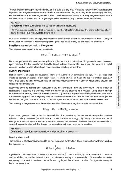 HSC Year 12 Chemistry Complete Course Notes by ATAR Notes, showing a page on reversible reactions with chemical equations.