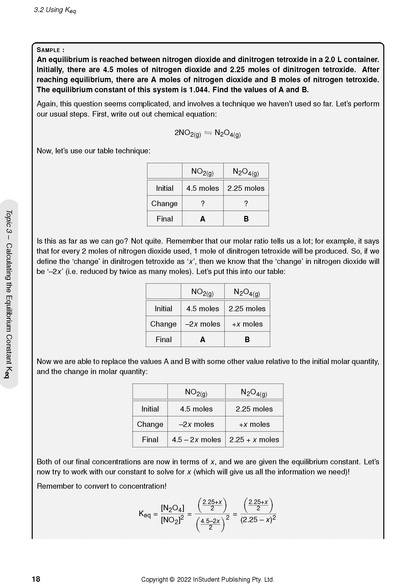 HSC Year 12 Chemistry Course Notes page by ATAR Notes demonstrating an equilibrium problem with an ICE table and Keq formula.