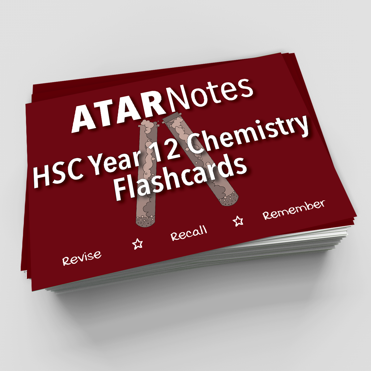 HSC Year 12 Chemistry Flashcards by ATAR Notes, with a dark red cover displaying white text, two test tubes, and stars.