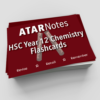 HSC Year 12 Chemistry Flashcards by ATAR Notes, with a dark red cover displaying white text, two test tubes, and stars.